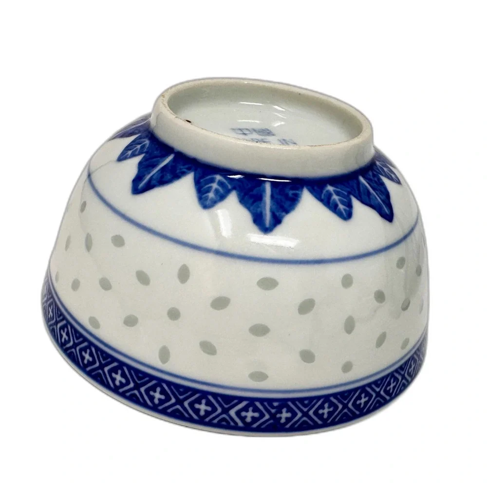 Vintage Chinese Rice Grain Porcelain Dragon Bowls Blue White Jingdezhen Set 4